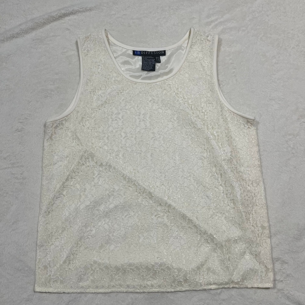 IB‎ Diffusion Ivory Lace Tank Top Women's Size 14 Sheer Overlay Sleeveless